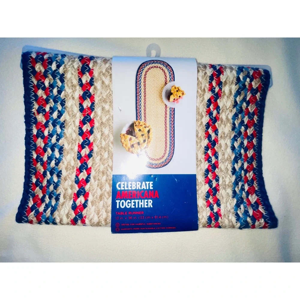 NWT Patriotic Table Runner Braided Red Blue Beige Rustic Farmhouse  Picnic 13x36